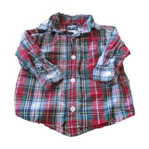OshKosh‎ Button Front Dress Shirt Boys Size 9M Red Plaid Long Sleeve Collared